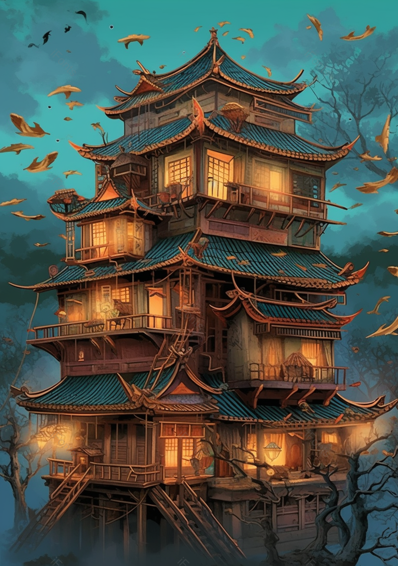 国潮风中式建筑夜晚森林中亮着灯火的楼阁房屋建筑,插画/手绘图,插画/手绘图库,插画/手绘图下载,插画/手绘